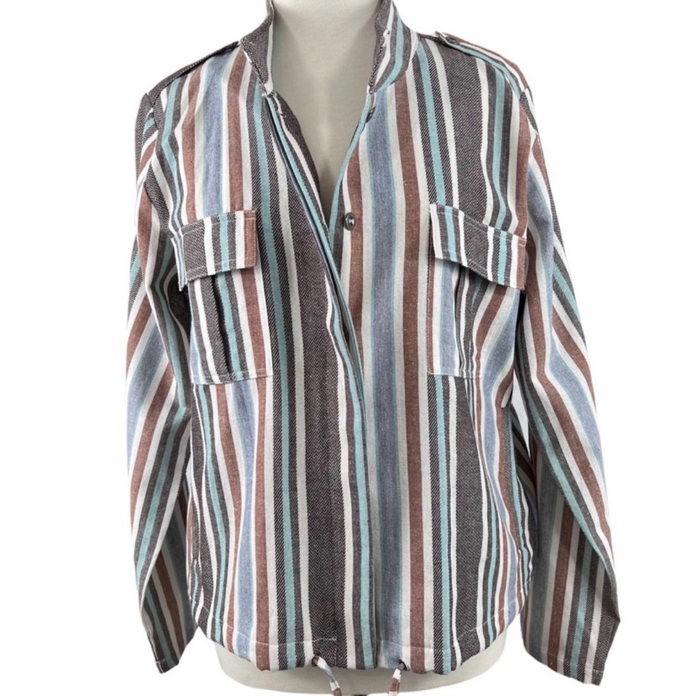 Mystree Linen Blend Lightweight Button Down Striped Utility Jacket Women Size S